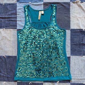 VTG eyeshadow y2k sequined teal tank top embellished sparkle size M glam